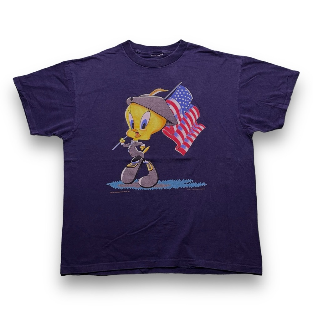 VINTAGE 90s 1995 Looney Tunes Blue Tweety Bird American Flag Tee Size XL WB OBO